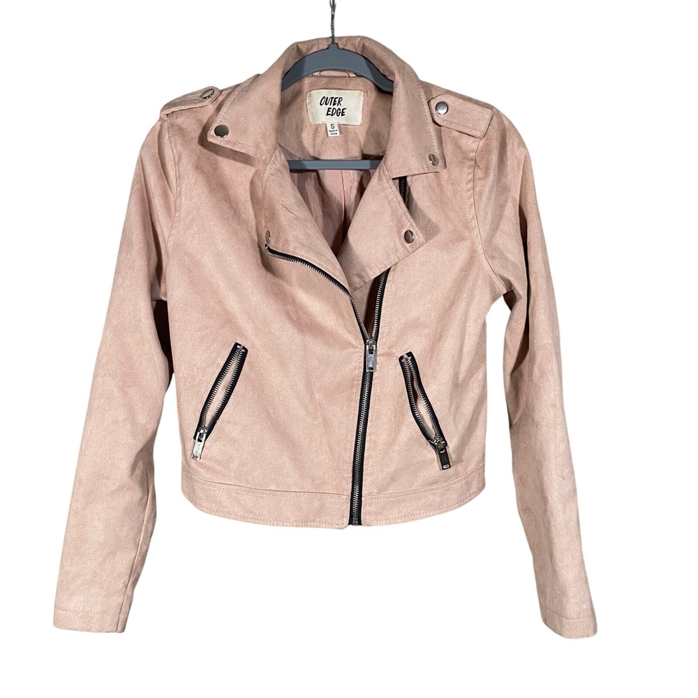 Outer Edge Womens Blush Pink Faux Suede Moto Biker Jacket Sz Small Feminine Soft